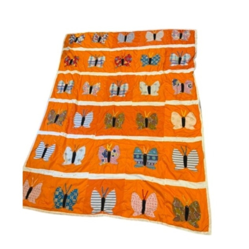 Vintage Handmade Butterfly Applique Quilt Orange White Folk Art Blanket 68X85